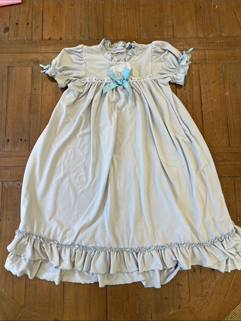Only little once ruffled light blue nightgown girls 8 bows lace classic